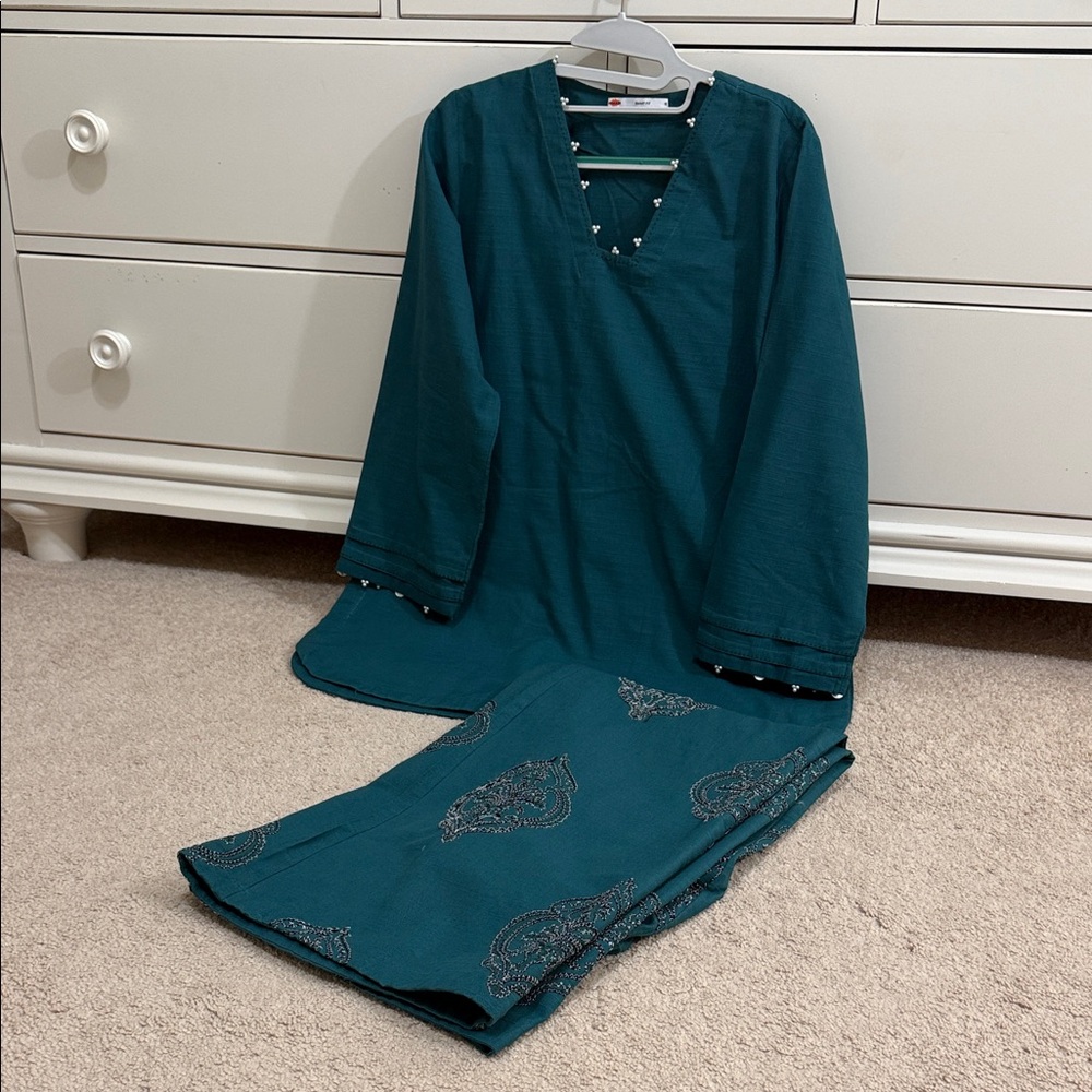 Khaadi khaddar shirt with wide leg embroidered trousers